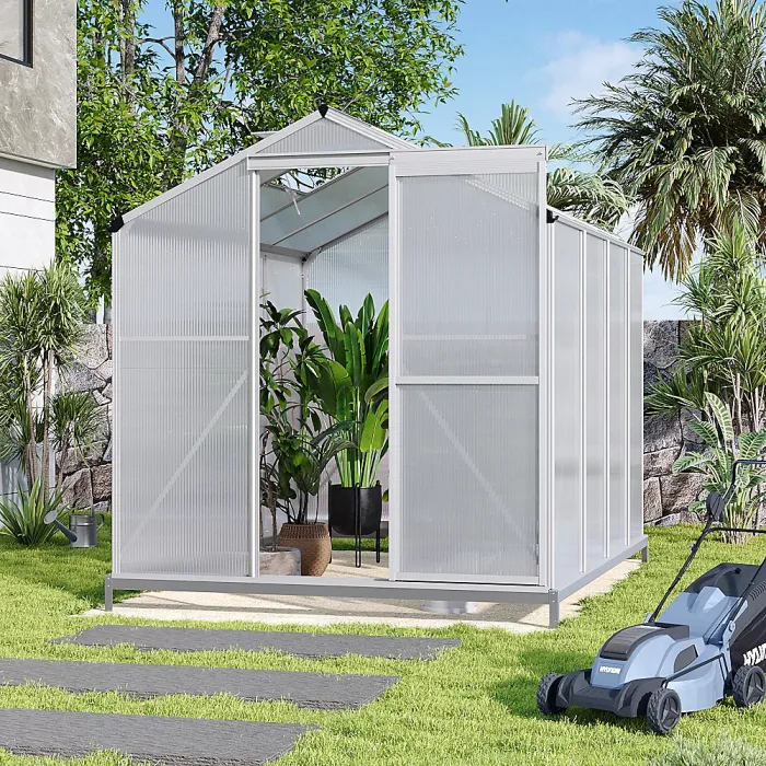 Aluminium Hobby Greenhouse with Base and Window Opening Rustproof Polycarbonate Garden Plants Grow House Large Walk-In Green House