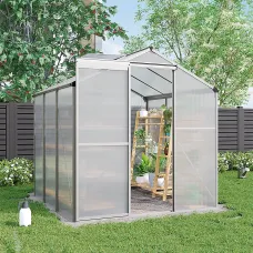 6x6 ft Garden Plants Grow House with Aluminium Frame Large Walk-In Green House with Door and Window,Sliver