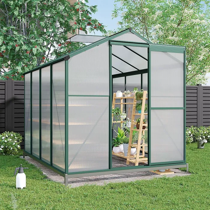 8x6ft Outdoor Garden Polycarbonate Walk In Greenhouse with Sliding Door and Base Foundation, Green