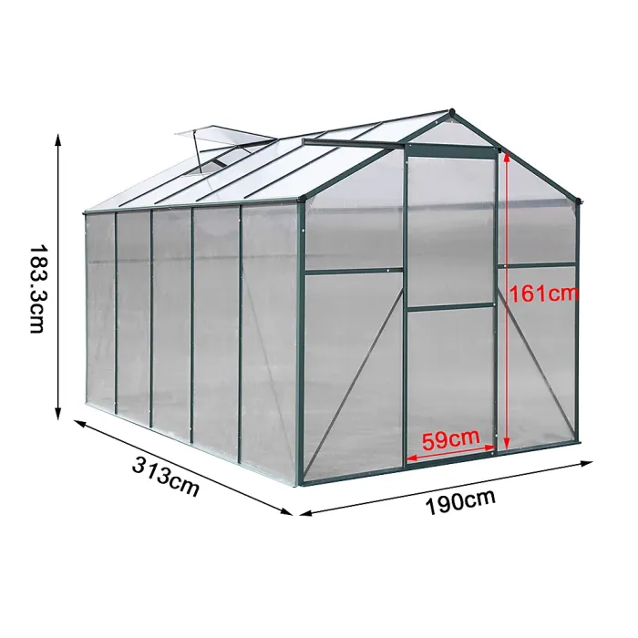 10x6ft Outdoor Garden Polycarbonate Walk In Greenhouse with Sliding Door and Window Opening