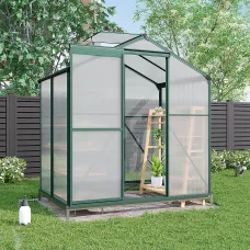 6x4ft Outdoor Garden Polycarbonate Walk In Greenhouse with Sliding Door and Base Foundation, Green