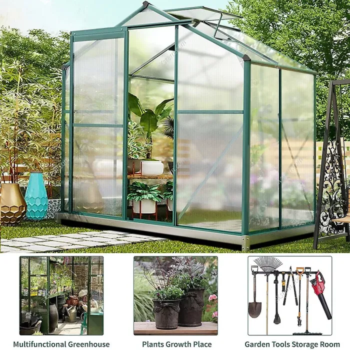 6x4ft Outdoor Garden Polycarbonate Walk In Greenhouse with Sliding Door and Base Foundation, Green