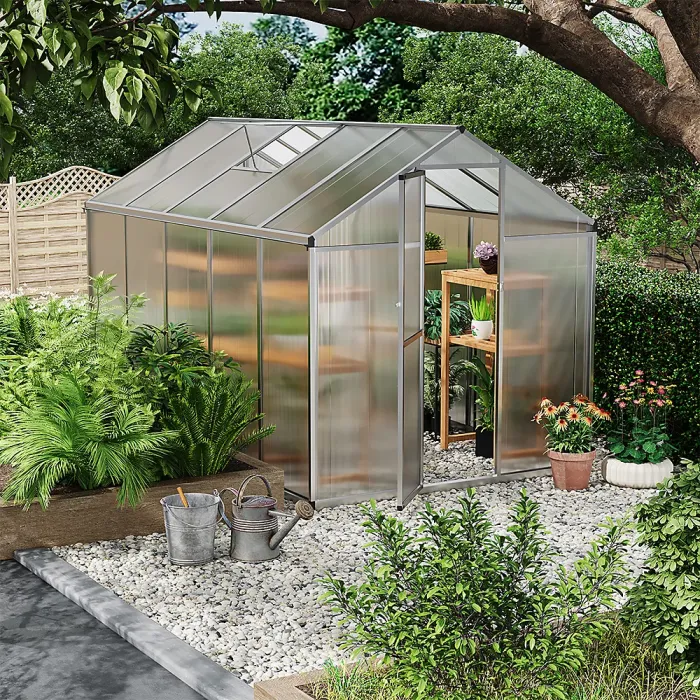 10x6 ft Outdoor Polycarbonate Walk in Greenhouse with Ventilated Window, Sliver