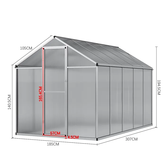 10x6 ft Outdoor Polycarbonate Walk in Greenhouse with Ventilated Window, Sliver