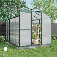 10x6 ft Aluminium Frame Walk In Outdoor Garden Polycarbonate Greenhouse with 2 Window Openings and Base, Green