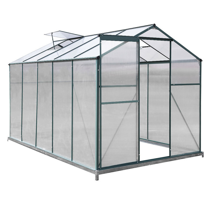10x6 ft Aluminium Frame Walk In Outdoor Garden Polycarbonate Greenhouse with 2 Window Openings and Base, Green