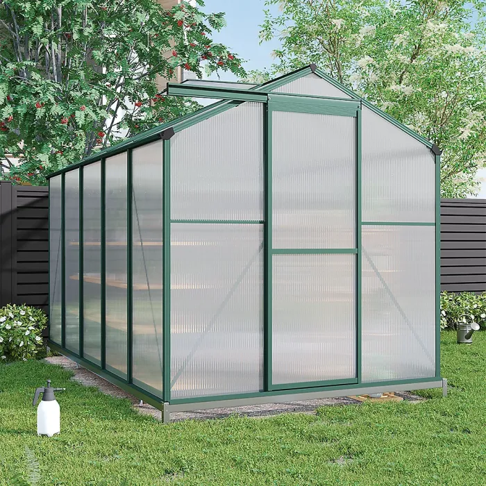 10x6 ft Aluminium Frame Walk In Outdoor Garden Polycarbonate Greenhouse with 2 Window Openings and Base, Green