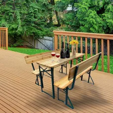 Set of 3 Outdoor Chair and Foldable Table Benches Set Garden Bistro Set Dining Room Set Brown