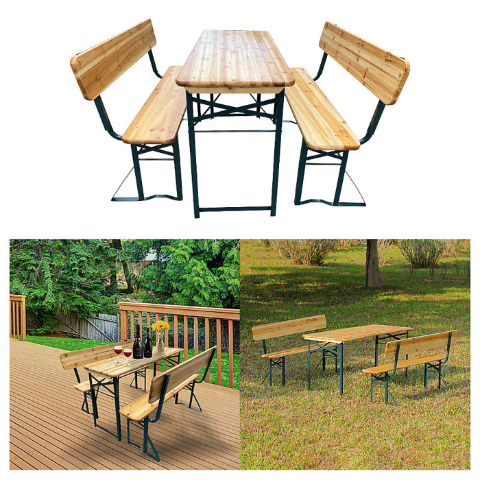 Set of 3 Outdoor Chair and Foldable Table Benches Set Garden Bistro Set Dining Room Set Brown