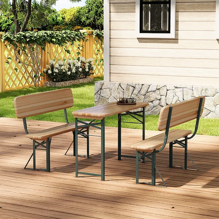 Set of 3 Outdoor Chair and Foldable Table Benches Set Garden Bistro Set Dining Room Set Brown