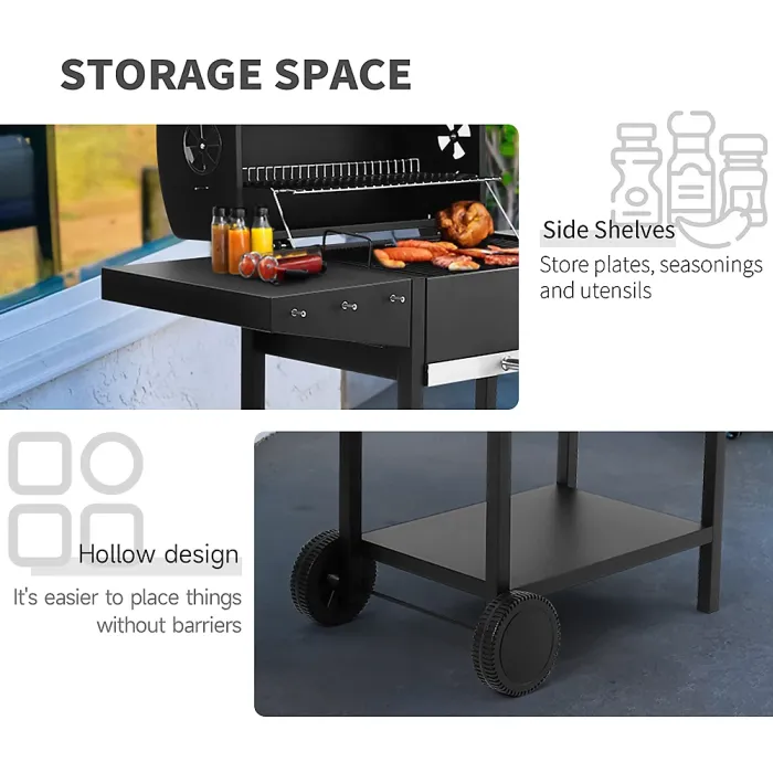 Outdoor Charcoal Black Portable BBQ Grill Garden Camping Charcoal Grill with Side Tables and Wheels 101cm H