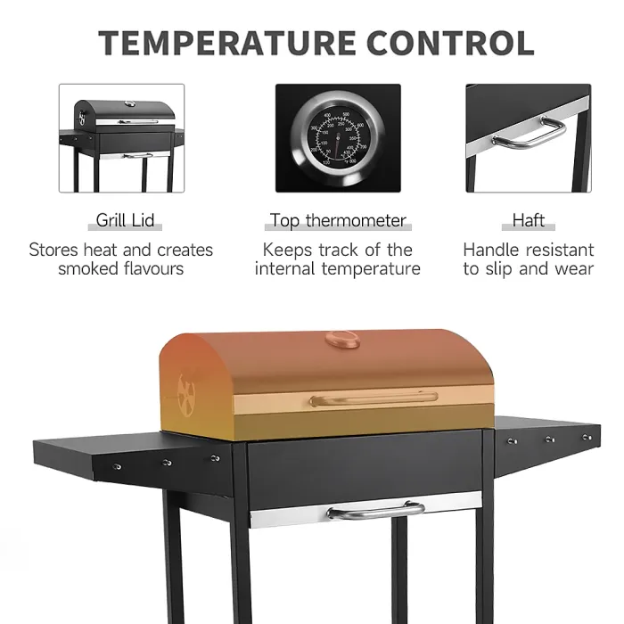Outdoor Charcoal Black Portable BBQ Grill Garden Camping Charcoal Grill with Side Tables and Wheels 101cm H