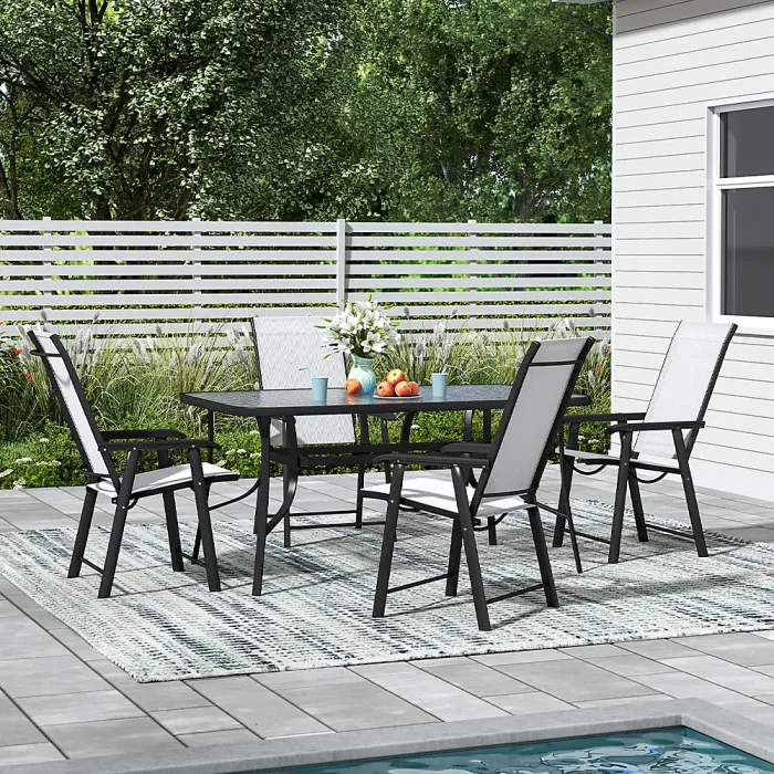 5 Piece Garden Furniture Set Dining Set Tempered Glass Umbrella Table and Folding Chairs Set for Patio Lounge Balcony