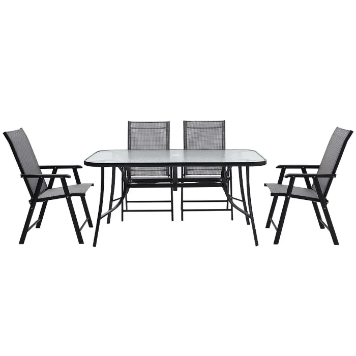 5 Piece Garden Furniture Set Dining Set Tempered Glass Umbrella Table and Folding Chairs Set for Patio Lounge Balcony