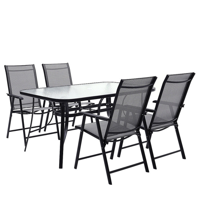 5 Piece Garden Furniture Set Dining Set Tempered Glass Umbrella Table and Folding Chairs Set for Patio Lounge Balcony