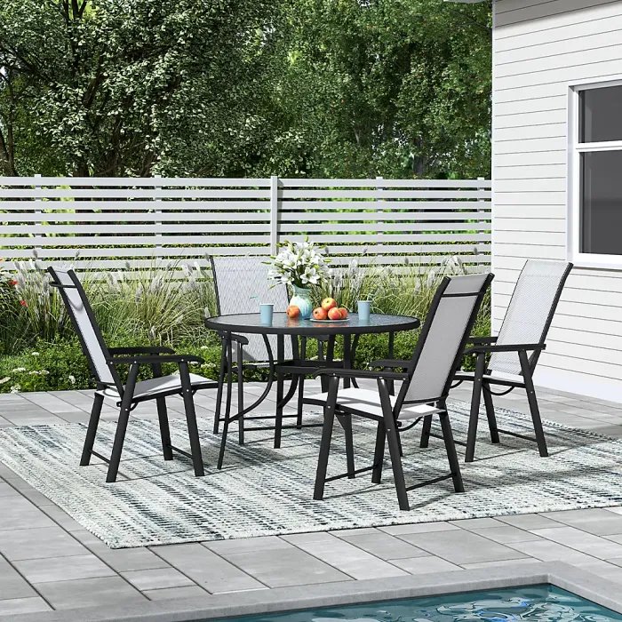 5-Piece Black Outdoor Tempered Glass Round Table and Folding Chairs Garden Furniture Set Dining Set for Patio Lounge Balcony