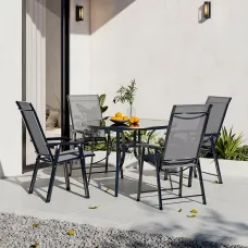 5 Piece Outdoor Black Garden Furniture Set Dining Set Glass Umbrella Table Folding Chair for Garden Patio Lounge Balcony 105cm