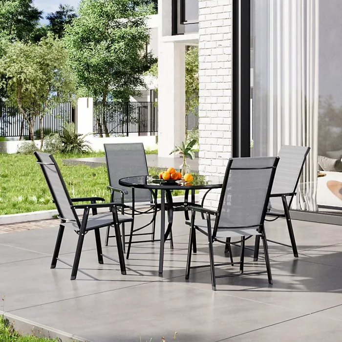 5 Piece Outdoor Black Garden Furniture Set Dining Set Glass Umbrella Table Folding Chair for Garden Patio Lounge Balcony 105cm
