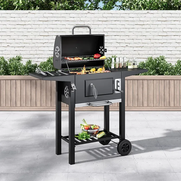 Outdoor Charcoal Black Portable BBQ Grill Garden Camping Charcoal Grill with Side Tables 96.5cm H