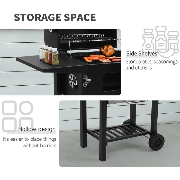 Outdoor Charcoal Black Portable BBQ Grill Garden Camping Charcoal Grill with Side Tables 96.5cm H