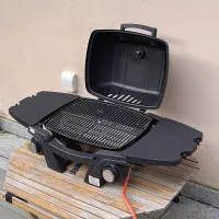 Black Outdoor Portable BBQ Gas Grill Large Food Cooking Grilling with Side Tables