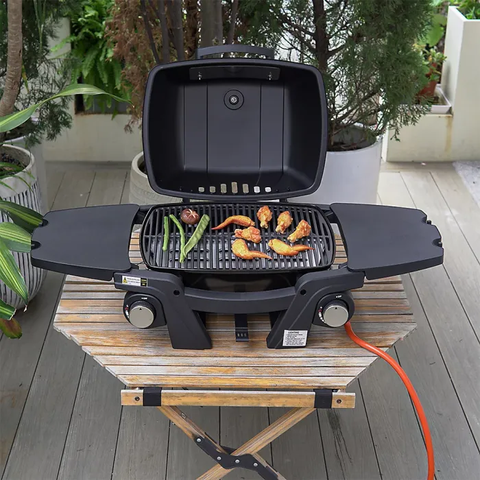 Black Outdoor Portable BBQ Gas Grill Large Food Cooking Grilling with Side Tables