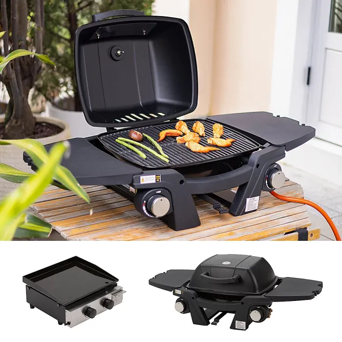 Black Outdoor Portable BBQ Gas Grill Large Food Cooking Grilling with Side Tables