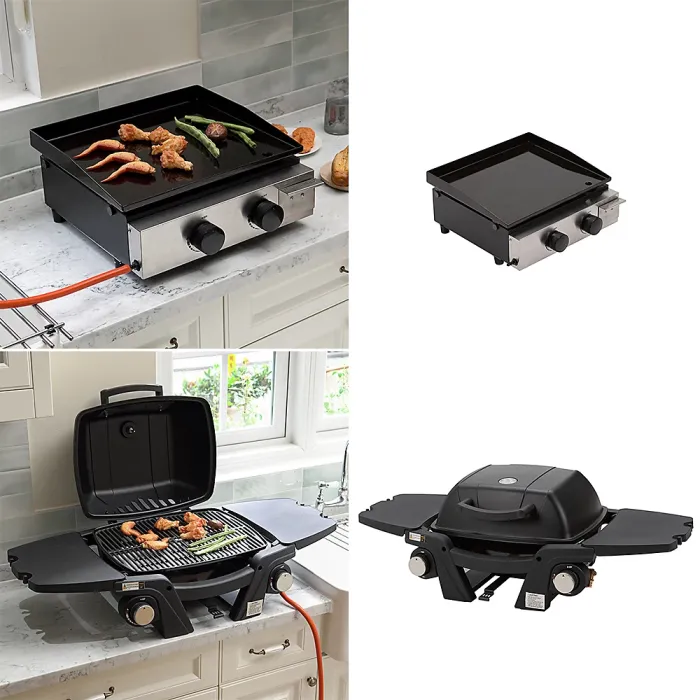 Black Outdoor Portable BBQ Gas Grill Large Food Cooking Grilling with Side Tables
