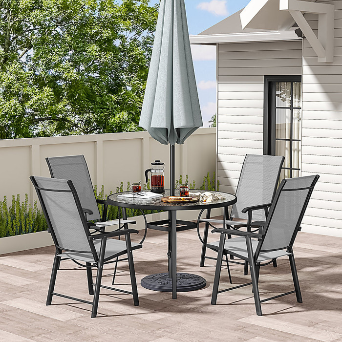 Set of 5 Black Tempered Glass 4 Seater Garden Furniture Set Outdoor Coffee Round Table and Foldable Chairs Set 105 cm