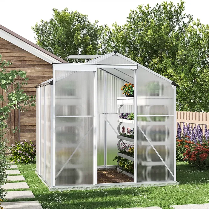 Polycarbonate Greenhouse Walk In Garden Green House with Base Foundation Silver 6x6 ft