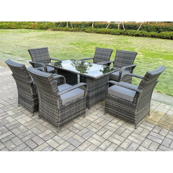 Fimous Rattan Garden Furniture Dining Table And Chairs Set PE Wicker Patio 6 Chairs Plus Black Tempered Glass Rectangular Table