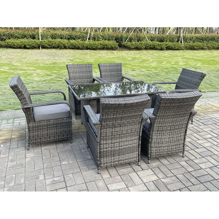 Fimous Rattan Garden Furniture Dining Table And Chairs Set PE Wicker Patio 6 Chairs Plus Black Tempered Glass Rectangular Table