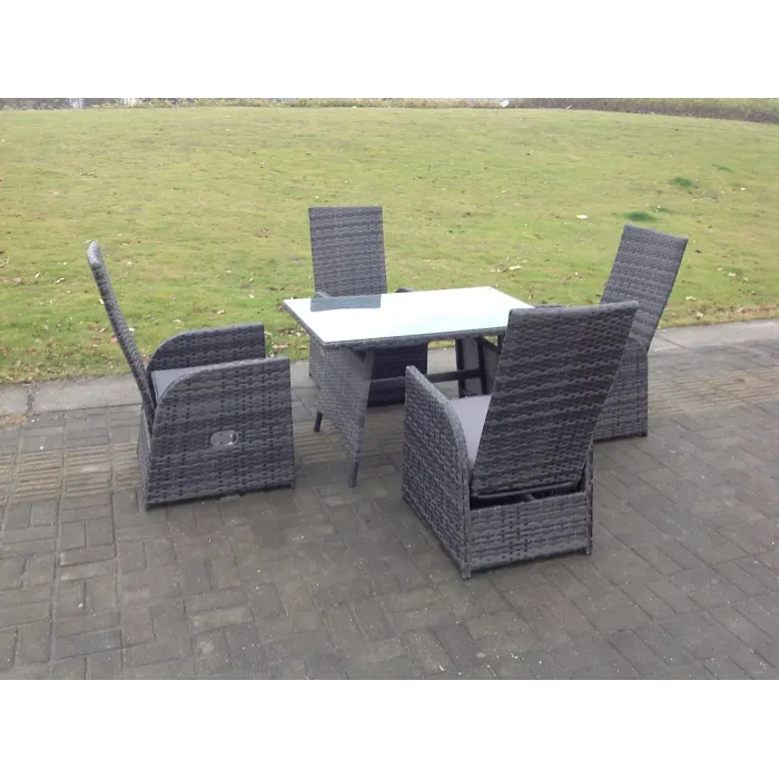 Fimous Oblong Table Reclining PE Rattan Dining Set Table And Chair Sets Outdoor Garden Furniture Mixed Grey 4 Seat