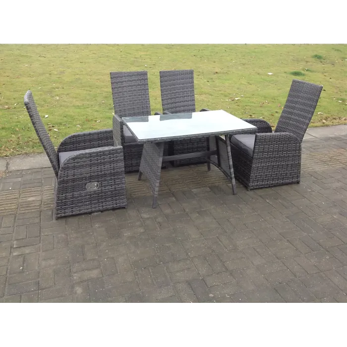 Fimous Oblong Table Reclining PE Rattan Dining Set Table And Chair Sets Outdoor Garden Furniture Mixed Grey 4 Seat