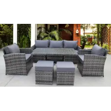 RATTAN WICKER CONSERVATORY OUTDOOR GARDEN FURNITURE DINING SET CORNER SOFA TABLE (Grey)