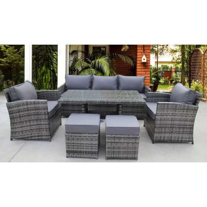 RATTAN WICKER CONSERVATORY OUTDOOR GARDEN FURNITURE DINING SET CORNER SOFA TABLE (Grey)