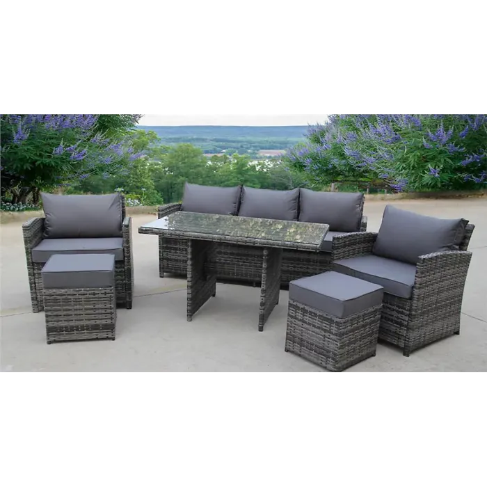 RATTAN WICKER CONSERVATORY OUTDOOR GARDEN FURNITURE DINING SET CORNER SOFA TABLE (Grey)
