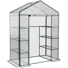 Chilli Walk in Greenhouse with 4-Tier 8 Shelves, Green House with Hemmed Cover, Roll-up Zipped Door, Steel Frame