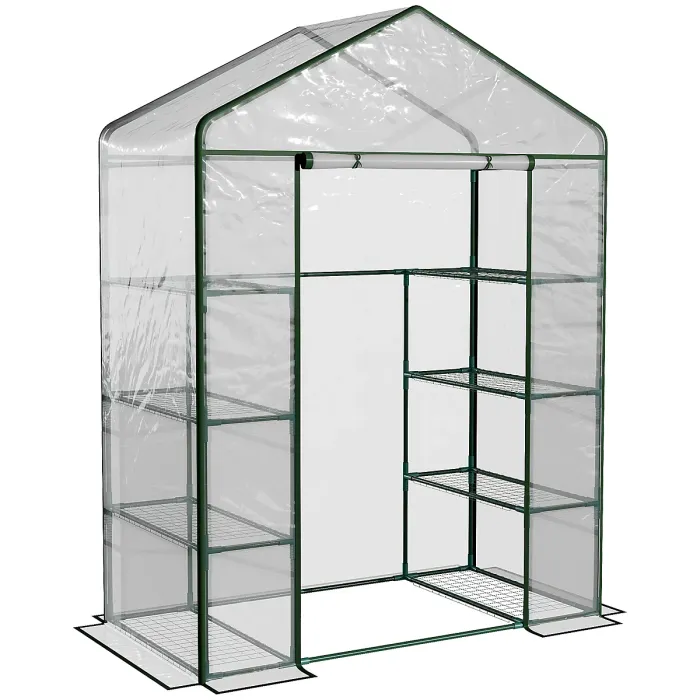 Chilli Walk in Greenhouse with 4-Tier 8 Shelves, Green House with Hemmed Cover, Roll-up Zipped Door, Steel Frame