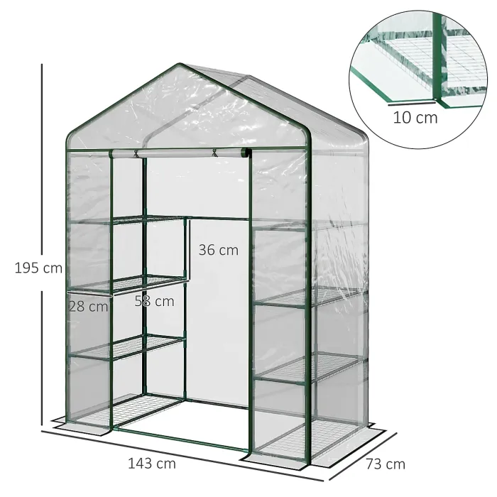Chilli Walk in Greenhouse with 4-Tier 8 Shelves, Green House with Hemmed Cover, Roll-up Zipped Door, Steel Frame