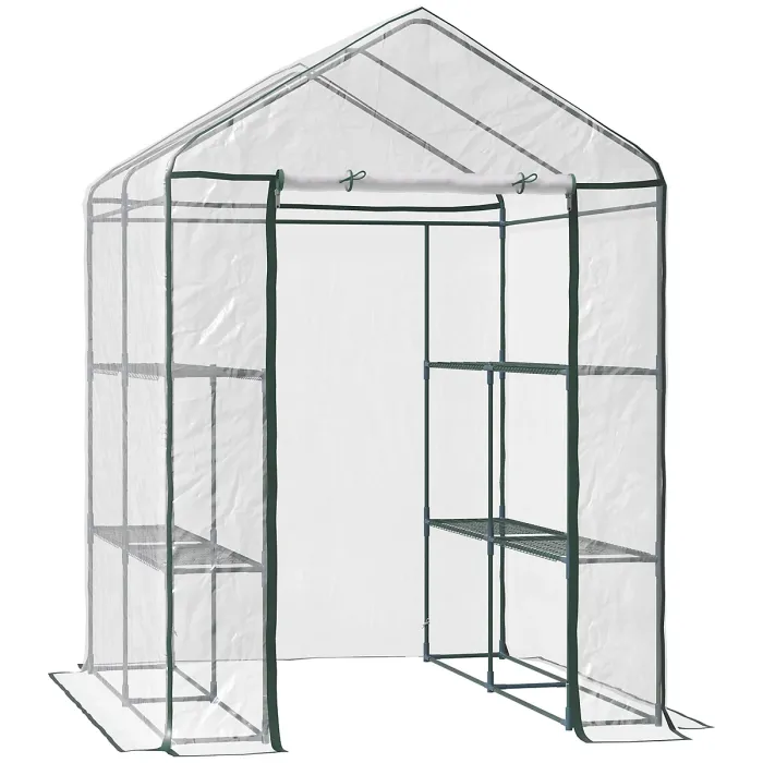 Chilli Walk in Greenhouse with 3-Tier 8 Shelves, Green House with Hemmed Cover, Roll-up Zipped Door, Steel Frame
