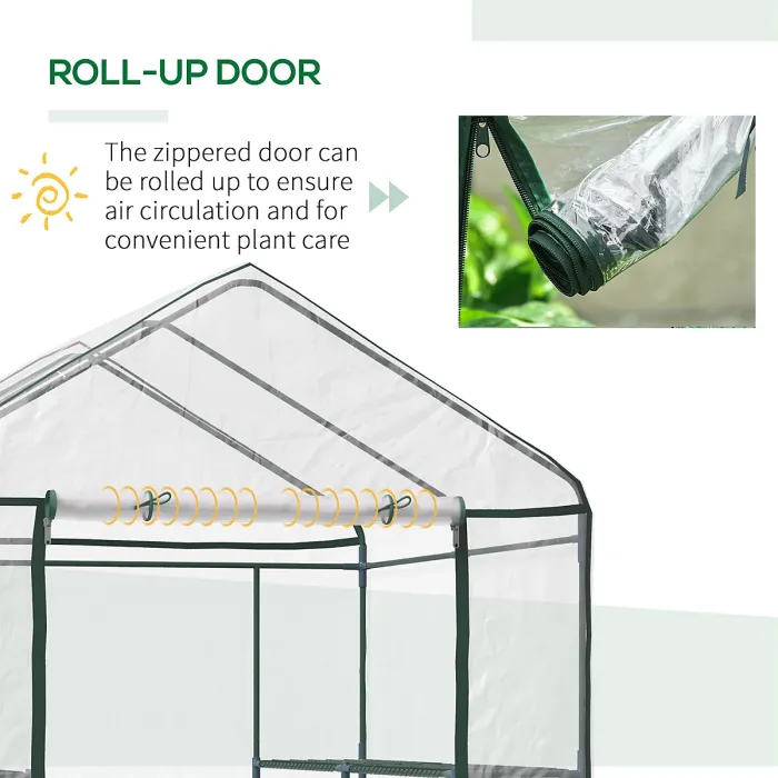 Chilli Walk in Greenhouse with 3-Tier 8 Shelves, Green House with Hemmed Cover, Roll-up Zipped Door, Steel Frame