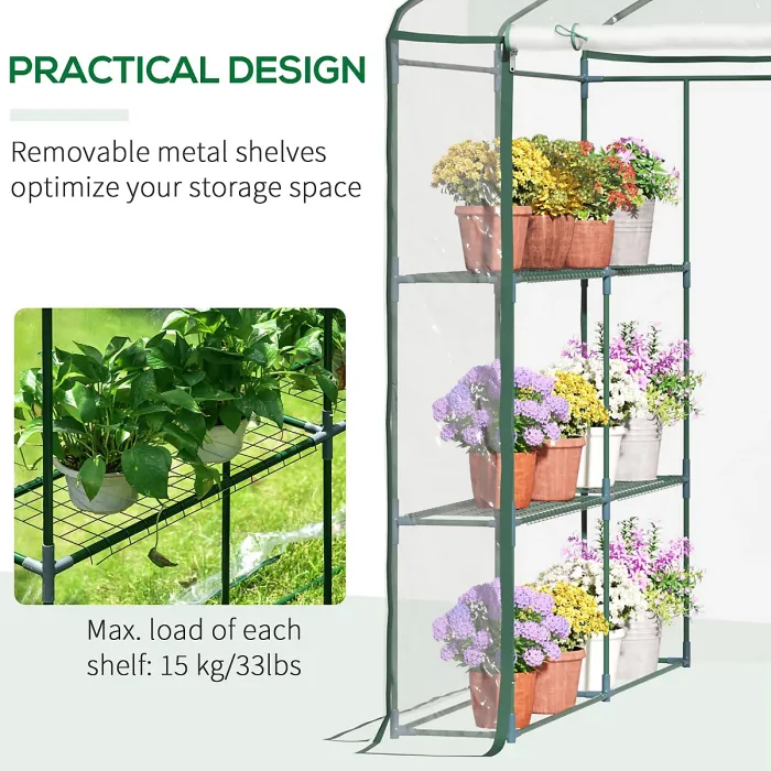 Chilli Walk in Greenhouse with 3-Tier 8 Shelves, Green House with Hemmed Cover, Roll-up Zipped Door, Steel Frame