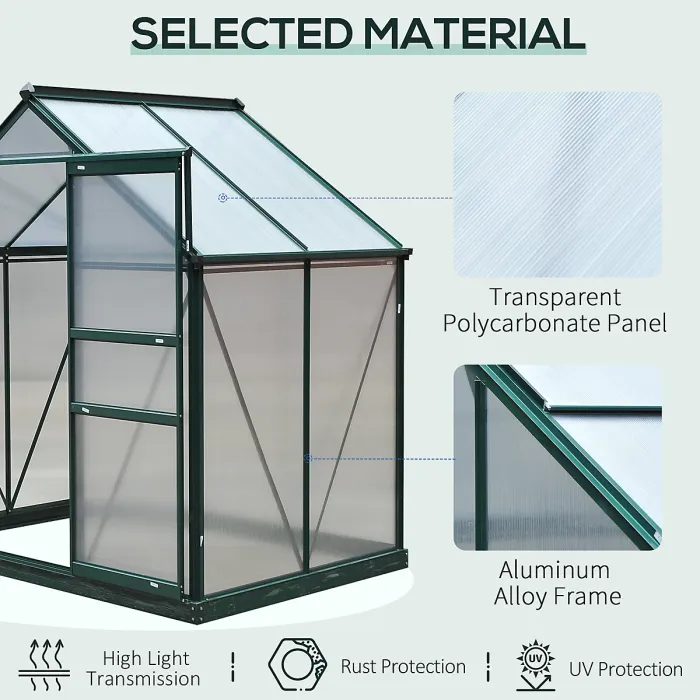 Chilli 6 x 4ft Polycarbonate Greenhouse, Large Walk-In Green House with Slide Door and Window, Garden Plants Grow House