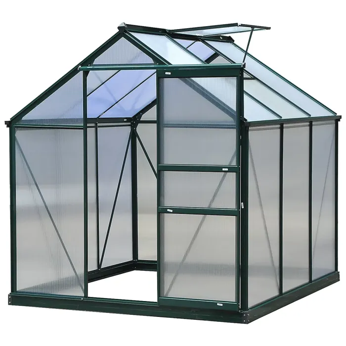 Chilli 6 x 6ft Polycarbonate Greenhouse, Large Walk-In Green House with Slide Door and Window, Garden Plants Grow House