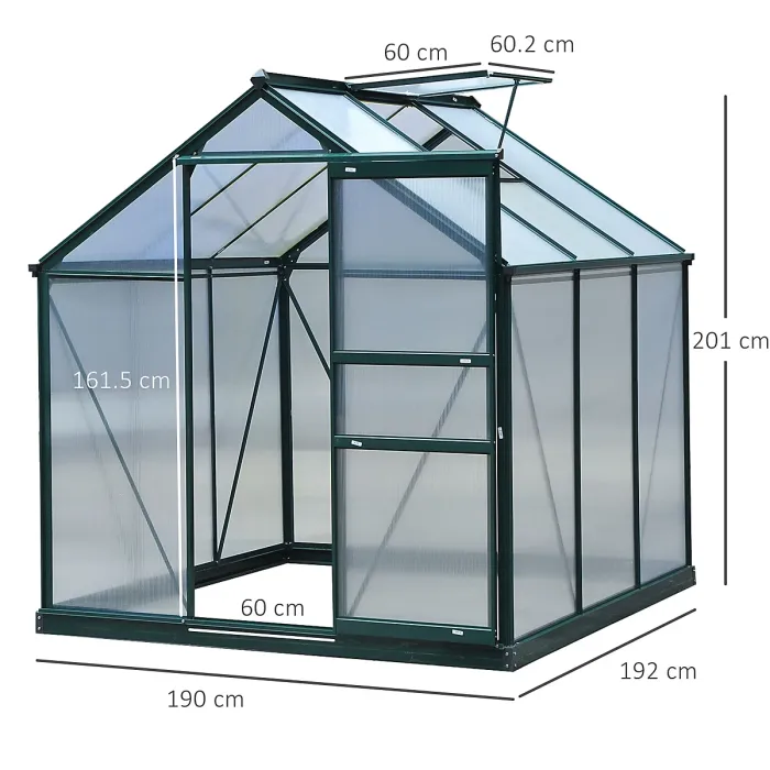 Chilli 6 x 6ft Polycarbonate Greenhouse, Large Walk-In Green House with Slide Door and Window, Garden Plants Grow House