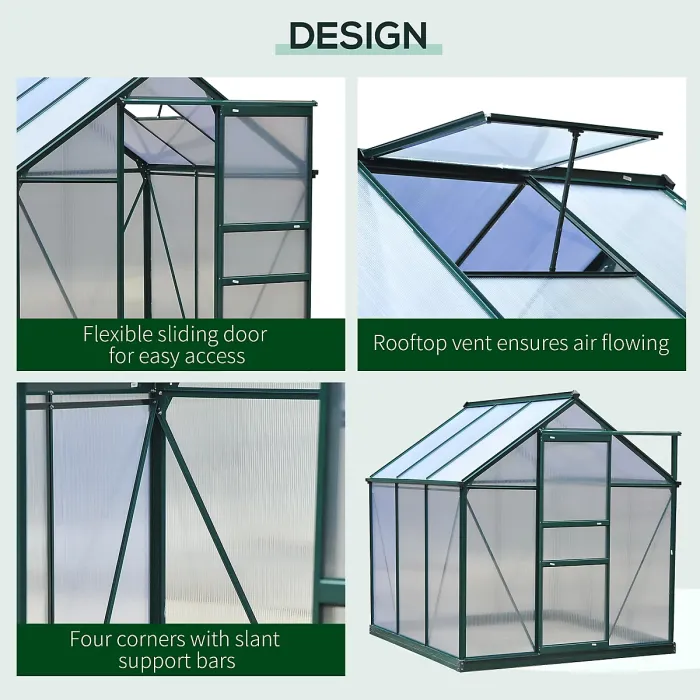 Chilli 6 x 6ft Polycarbonate Greenhouse, Large Walk-In Green House with Slide Door and Window, Garden Plants Grow House