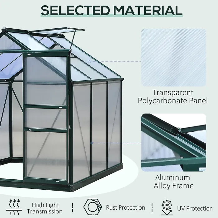Chilli 6 x 6ft Polycarbonate Greenhouse, Large Walk-In Green House with Slide Door and Window, Garden Plants Grow House