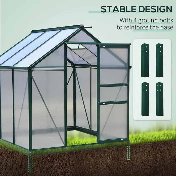 Chilli 6 x 6ft Polycarbonate Greenhouse, Large Walk-In Green House with Slide Door and Window, Garden Plants Grow House