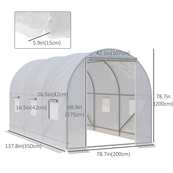 Chilli 3.5 x 2 x 2 m Polytunnel Greenhouse, Walk-in Green House for Garden with Mesh Windows, Galvanised Steel Frame, White